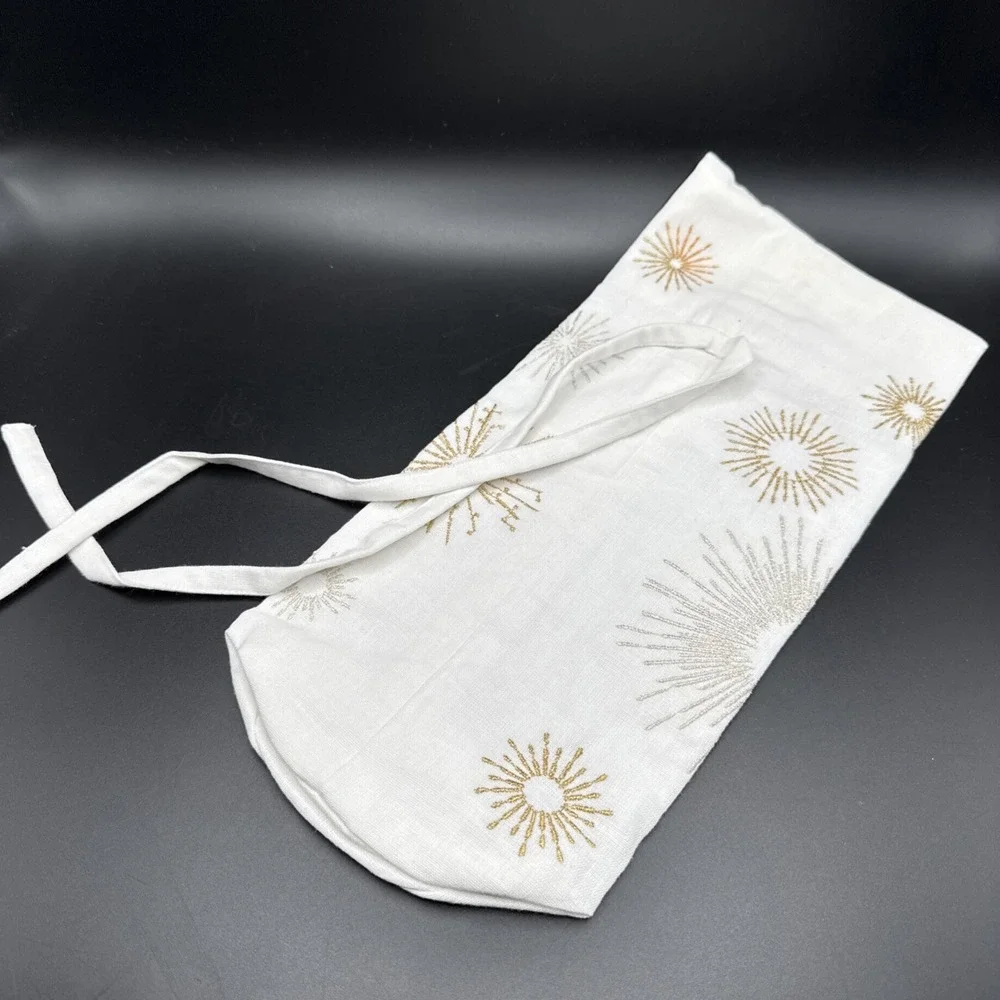 Pottery Barn Linen‎ Gift Bag Wine Bottle Starburst Sunburst Metallic Embroidered